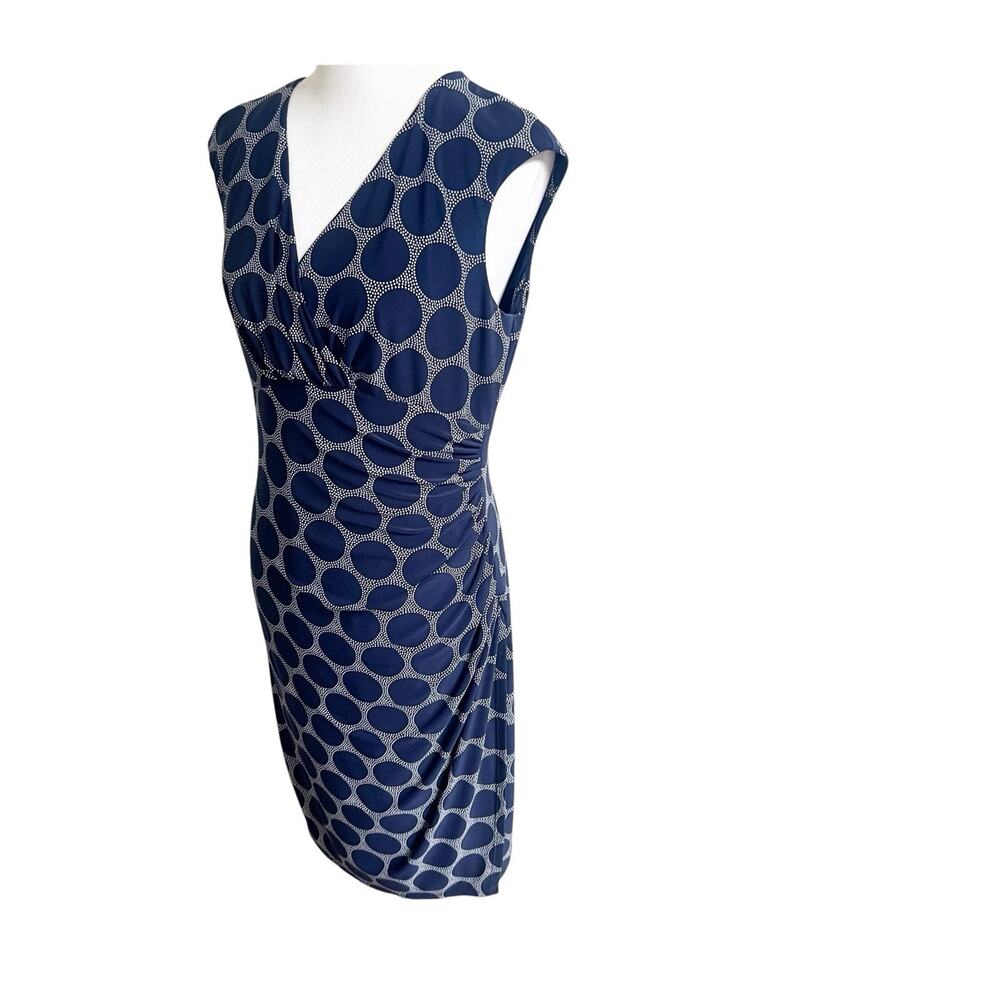 Ralph Lauren Geo Print Jersey Dress Ruched Size 10 Navy White Professional - Picture 6 of 11